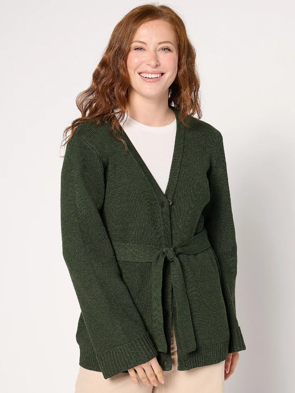 BEAUTIFUL by Lawrence Zarian Tie Waist Cardigan Sweater, Hunter Sz M a667176